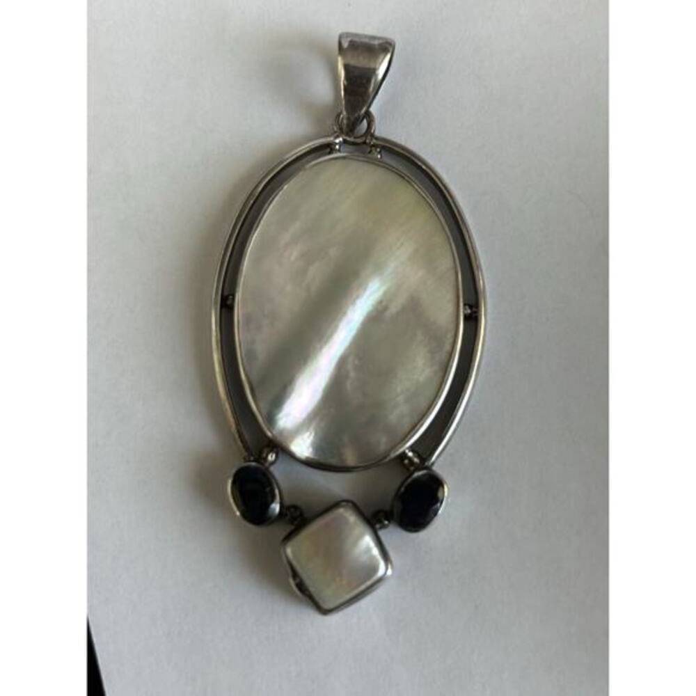Sterling Silver Mother Of Pearl Amethyst Statement Pendant 2.5” 925 Modernist